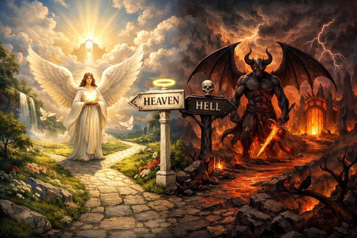 Angel on bright path to Heaven and demon on fiery path to Hell at crossroads