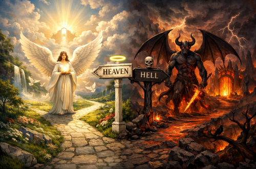Angel on bright path to Heaven and demon on fiery path to Hell at crossroads
