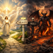 Angel on bright path to Heaven and demon on fiery path to Hell at crossroads
