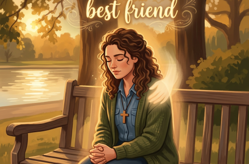 Woman sitting on bench praying with glowing hand on shoulder and Bible nearby