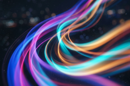 Vibrant neon light trails in blue, pink, purple, teal, and orange flowing over a dark background