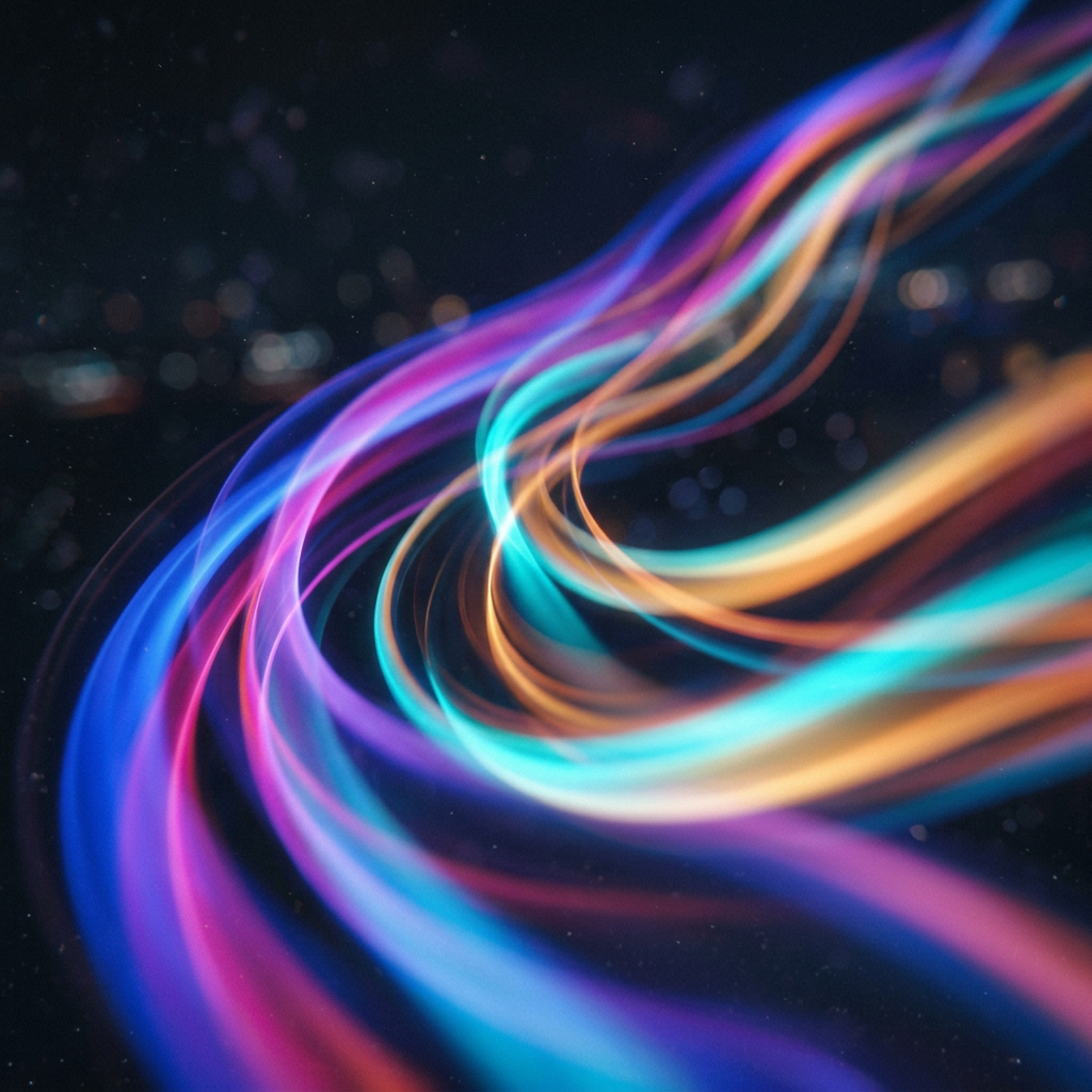 Vibrant neon light trails in blue, pink, purple, teal, and orange flowing over a dark background