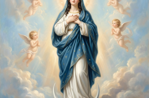 Virgin Mary in blue and white robe with heavenly cherubs and a crescent moon beneath her feet