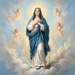 Virgin Mary in blue and white robe with heavenly cherubs and a crescent moon beneath her feet