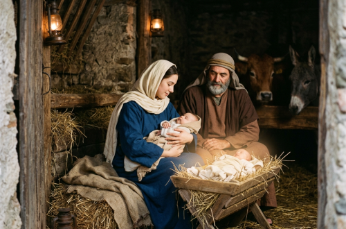 Mary holding baby Jesus with Joseph sitting beside them in a stable with animals
