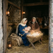 Mary holding baby Jesus with Joseph sitting beside them in a stable with animals