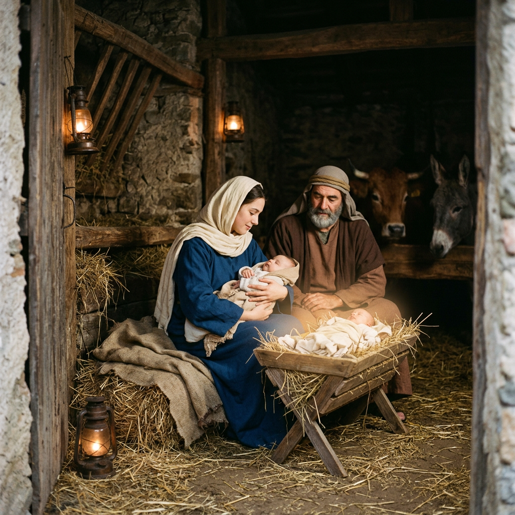 Mary holding baby Jesus with Joseph sitting beside them in a stable with animals