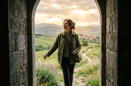 Woman walking through stone archway into green fields with mountains and sunset sky
