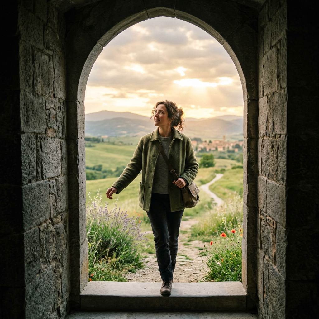 Woman walking through stone archway into green fields with mountains and sunset sky
