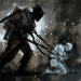 Dark figure chaining a kneeling pale figure in an abstract expression