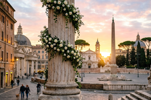 Decorated marble column with white flowers in a historic plaza at sunset