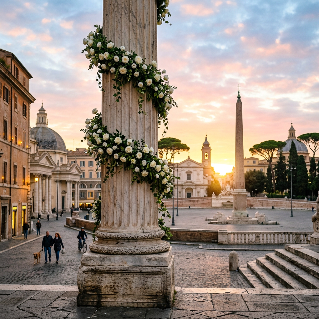 Decorated marble column with white flowers in a historic plaza at sunset