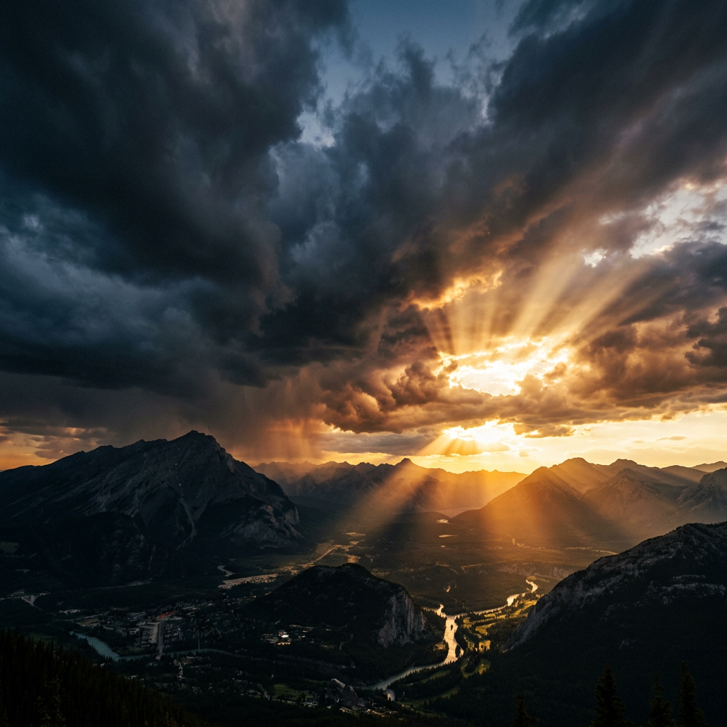 Sunset rays piercing through dark storm clouds over a mountainous valley with a river