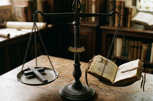 A vintage scale balancing a wooden cross on one side and an open old book on the other